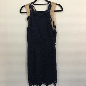 Joy Cioci navy blue lace dress with beige netting on shoulders, back cut-out